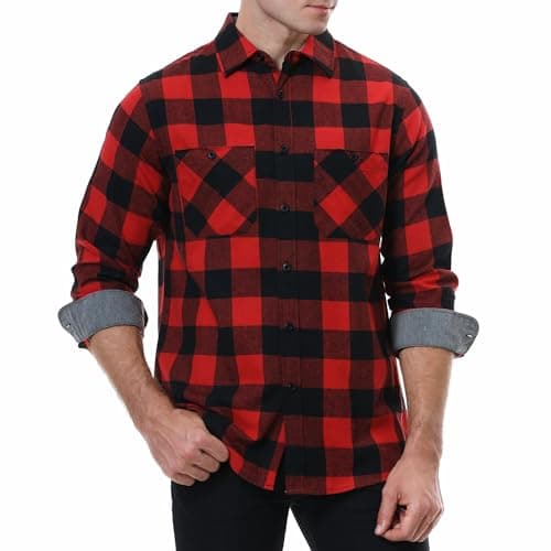 Flannel Shirt for Men Long Sleeve Button Down Plaid Shirts Red/Black XL