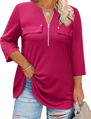 Kancystore Plus Size 3/4 Length Sleeve Womens Tops Elegant Business Work Blouses Casual Shirts Rose Red 3X