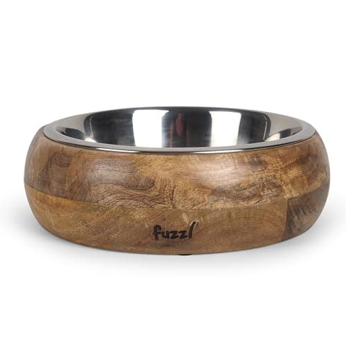 Fuzzl Titan Mango Wood & Stainless Steel Bowl 9.5 Inch Large - Natural Dog Bowl for Indoors and Outdoors with Rubber Base