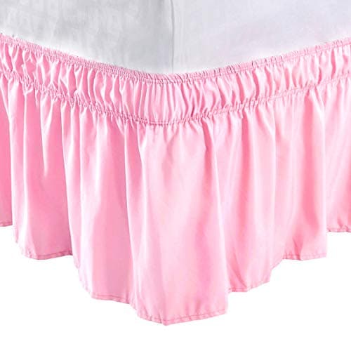 PiccoCasa Bed Skirt Wrap Around Bedskirt Three Fabric Sides Elastic Dust Ruffle, Easy Fit - with 15 Inch Drop Full Pink
