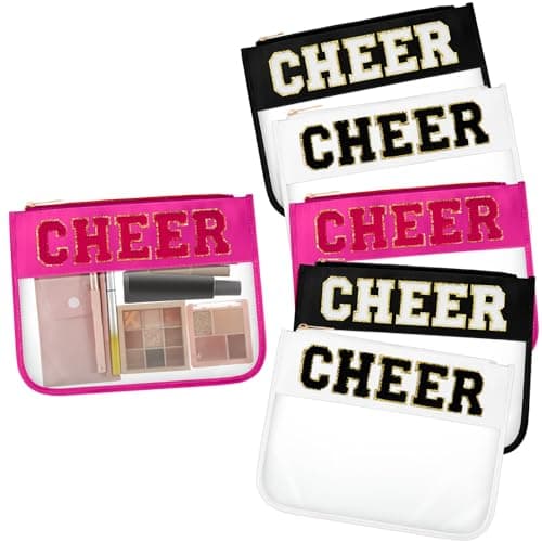 Aliceset 6 Pcs Cheer Chenille Letter Preppy Patch Makeup Snack Bags,Gift for Women Waterproof PVC Cosmetic Organizer Storage,Flat Clear Portable Toiletry Zipper Pouch(Black,White,Hot Pink)