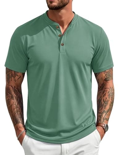 MAGCOMSEN Men's Henley Short Sleeve Shirt UPF 80+ Moisture Wicking Polyester Shirts Button T-Shirts Casual Basic Tees Grey Green