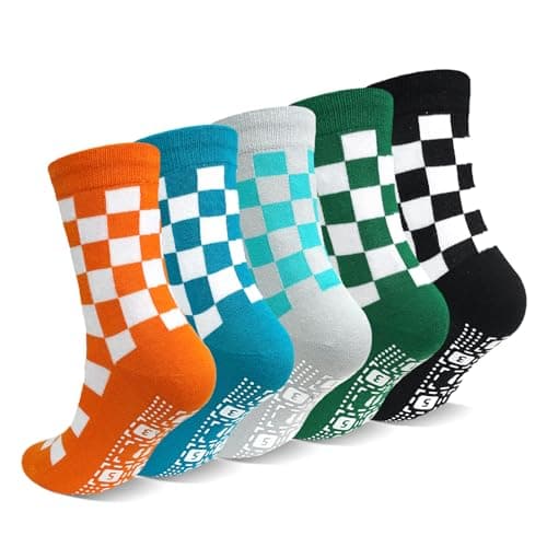 ZAKASA Non Slip Socks for Women: Crew Cotton Non Skid Socks with Grips for Hospital Elderly&Pregnant Fall Prevention 5 Pairs Yellow Purple Blue Green Pink 9-12
