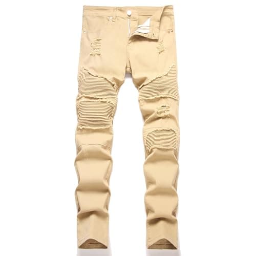 XIMXIMMTIAN Men Slim Fit Jeans Fashion Biker Jeans for Men Stretch Designer Distressed Straight Denim Pants (30, 3122 Khaki)
