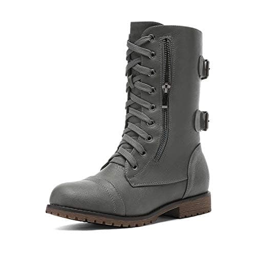 DREAM PAIRS Women's Winter Combat Boots, Comfortable Warm Faux Fur Lined Outdoor Lace-Up Mid Calf Riding Booties,Size 5,Grey,TERRAN-SNOW