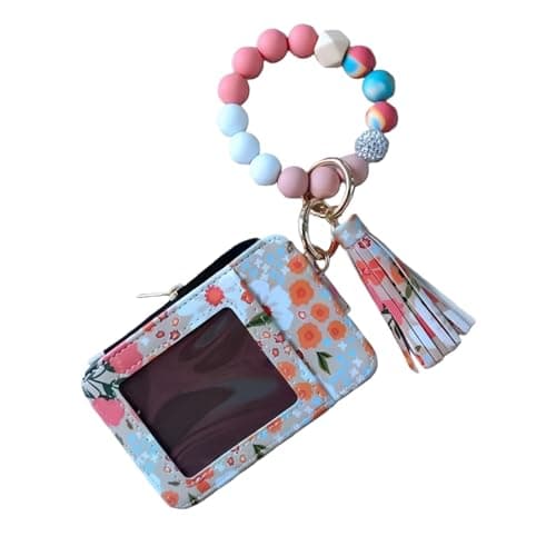 FAIREDEAR Wallet Keychain Wristlet for Women,Boho Beaded Wallet with Slim RFID Credit Card Holder Purse Tassel Keychain Bangle Key Ring,Silicone Bracelet Wristlet Wallet for Women Khaki