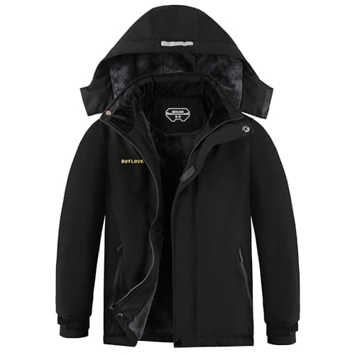 Boy's Ski Jackets Waterproof Winter Coat Fleece Windproof Snowboarding Jacket with Detachable Hood (6-7, Black)