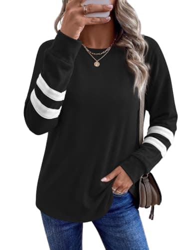 WIHOLL Long Sleeve Shirts for Women Crewneck Color Block Sweatshirt Black L
