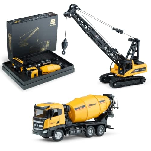 Diecast Metal Construction Trucks Models Set of 2 〡 Heavy Metal Toy Cement Truck and Construction Crane 1:50 Scale 〡 Free Wheeler Die Cast Construction Toys Great Gift Idea