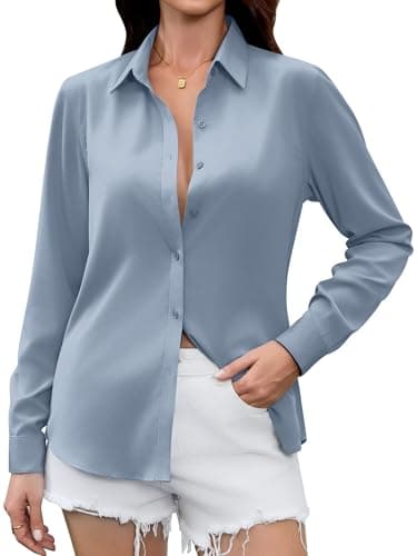 ioofory Womens Dressy Business Casual Blouse Women's Button Down Up Shirts Long Sleeve V Neck Tops Satin Silk Tunic Top Formal Office Blouses for Women Work Shirt Fall Outfits 2025 Queen Blue M
