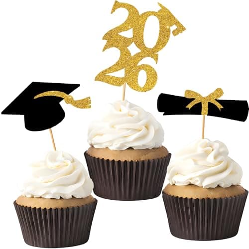OHOME Graduation Decorations 2026-36 PCS Graduation Cupcake Toppers - 2026 Graduation Party Decorations - Mini Cake Decorations for Class of 2026,Diploma, 2026, Grad Cap Set (Black)