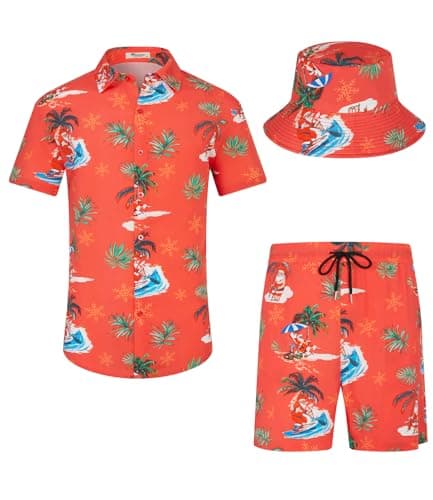 EISHOPEER Men's Christmas Printed Hawaiian Sets Casual Shirt and Shorts Outfits with Bucket Hats Red Medium
