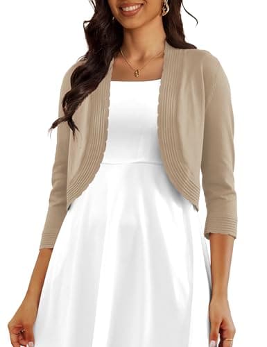 CPOKRTWSO Women's Camel Cropped Cardigan 3/4 Sleeve Sweaters Open Front Bolero Shrug for Dresses, Camel Heather, M