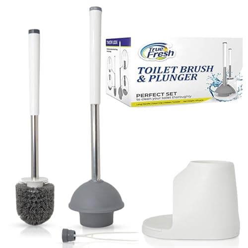 True Fresh Toilet Brush and Plunger Set with Holder Caddy -Stainless Steel Brush and Toilet Plunger for Heavy Duty -2-in-1 Scrubber Combo with Hidden Tweezer & Extendable Plastic Handle