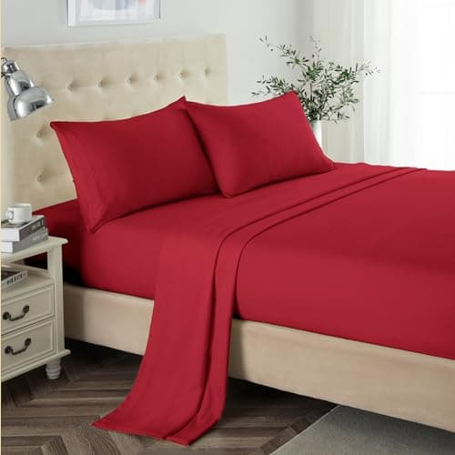 Lanest Housing Twin Sheet Set, 2400 Thread Count Soft Deep Pocket Microfiber Sheets, 3 Pieces Red Bedding Sheet & Pillowcase Sets
