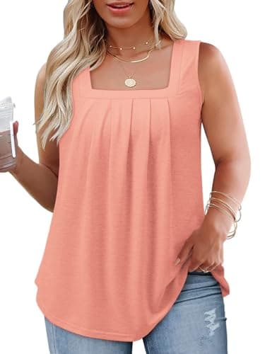 Flowy Tank Tops for Women Plus Size Fashion Pleated Loose Tunics Coral 3XL