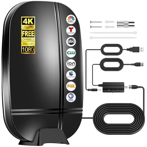 2026 Upgraded TV Antenna Indoor Outdoor, Digital Antenna for Smart TV Indoor, 4K 1080P Free Local Channels, 3600+ Miles Long Range Digital HD TV Antenna with Signal Amplifier, Built-in Base Included