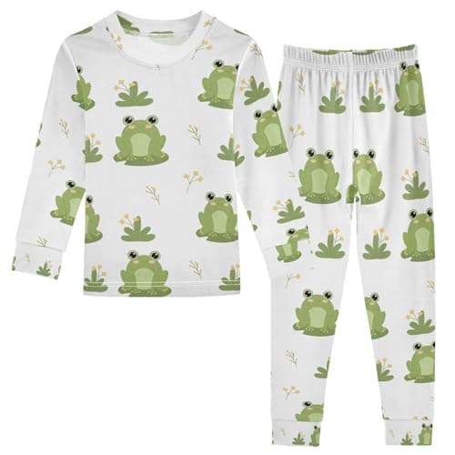 Vozoza Cute Frogs Green Pajama Sets Long Sleeve Top with Pants Cotton Soft Sleepwear 2 Piece Pjs Set, 8 Years Old