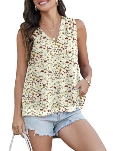 LiCot Womens Tank Tops V Neck Chiffon Cami Sleeveless Blouses Flowy Casual Vest(Beige Floral L)