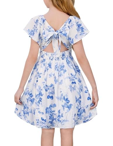 GRACE KARIN Girls White Blue Floral Dress Formal Party Girls Easter Spring Dresses Size 8 Tween Girl Summer Hawaiian Dress