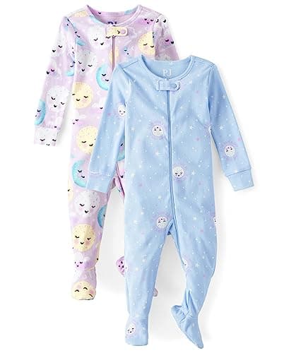 The Children's Place,and Toddler Snug Fit 100% Cotton Zip-Front One Piece Footed Pajamas 2-Pack,MOMMY MOONS_BROOK | MOONS_WINDFLOWER,2T