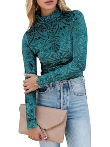 Womens Slim Fit Velvet Burnout Top - Mockneck Long Sleeve Semi See Through Blouse Elegant Shirt for Party/Date/Night Out (BluishGreenYJ,XXL)