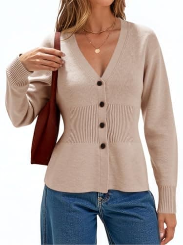 Cicy Bell Womens V Neck Cardigan Sweaters Long Sleeve Cinched Waist Knit Tops Dressy Casual Button Up Fitted Outerwear Apricot