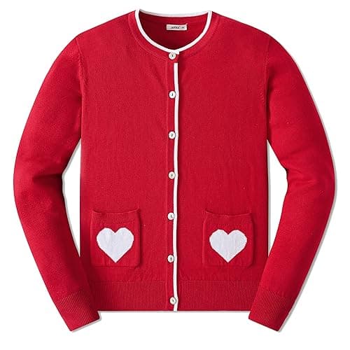 JSTEX Girls Cardigan with Heart Pockets 100% Cotton Knit Kids Cardigan Long Sleeve Crew Neck Button Sweaters Toddler Size 4-14 Red