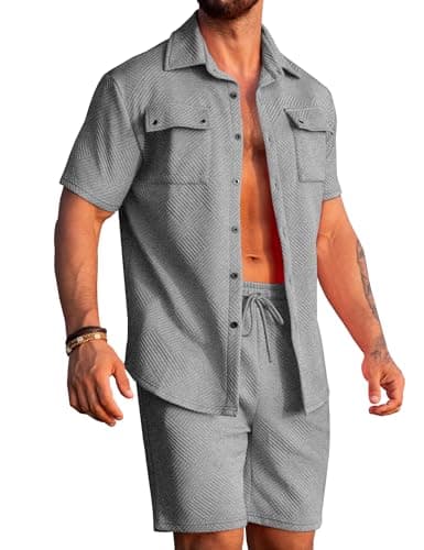 URRU Men's 2 Piece Outfits Summer Short Sets Casual Short Sleeve Button Down Shirt and Short Set Grey S