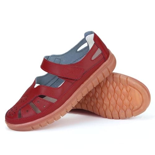 Women 's Classic Genuine Leather Casual Flat Sandal Closed Toe Fisherman Sandals Comfy Work Sandal Everyday Walking Shoe (Wine red, Adult, Women, 6, Numeric, US Footwear Size System, Medium)