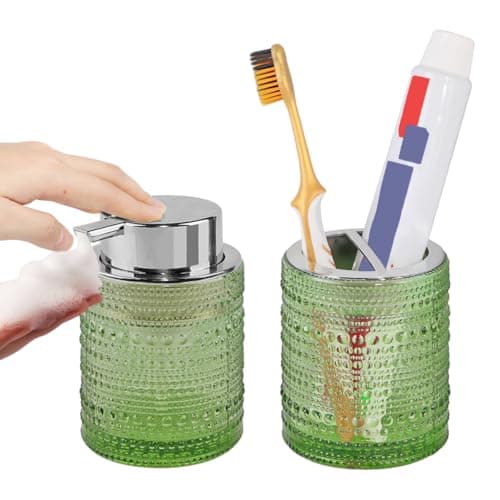 Tonxus Green Bathroom Accessory Set, Glass Toothbrush Holder and Soap Dispenser Set, Foaming Soap Dispenser, Toothbrush and Toothpaste Holder, Bathroom Tumbler Cup for Countertop Decor