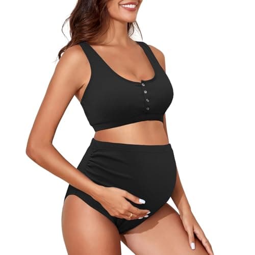 Century Star Maternity Swimsuit High Waist Ribbed Two Piece Bikini Set Bathing Suit for Women Pregnancy Swimwear Black Large