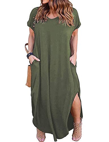 HBEYYTO Women's Casual Loose Pocket Long Dress Short Sleeve Plus Size 2XL Slit Maxi Dress (Green, XX-Large)
