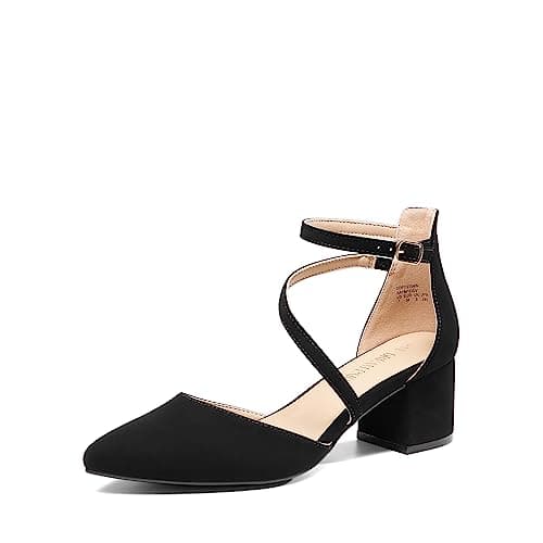DREAM PAIRS Women's Closed Pointed Toe Low Chunky Heels Pumps Ankle Strap Wedding Business Dressy Shoes,Size 7,Black-Nubuck,SDPU2354W
