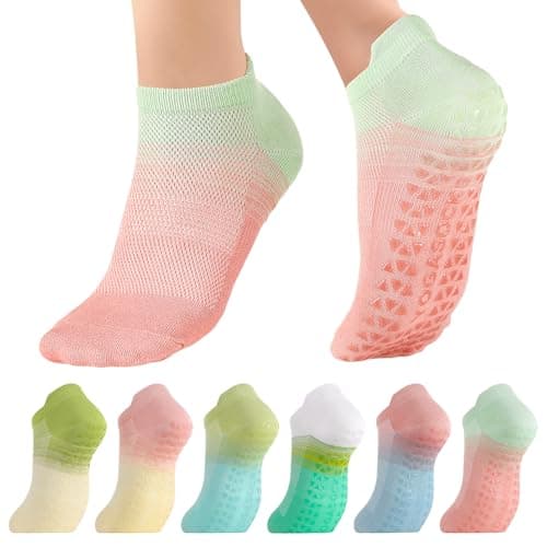 Jspupifip 6 Pairs Pilates Socks for Women Non-Slip Grip & Straps, Gradient Color Cotton Yoga Socks for Pilates, Barre, Barefoot, Dance, Home Workout, Gradient Color(ankle)