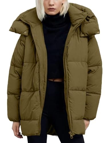 Flygo Womens Hooded Quilted Puffer Jacket Mid-Length Padded Warm Winter Heavyweight Coat Outerwear(ArmyGreen-S)