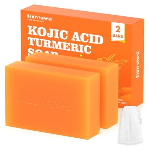 PurivvaNest Turmeric Kojic Acid Soap Bar with Vitamin C & Shea Butter - Brightening Facial Cleanser & Body Wash, Natural Ingredients for Even Skin Tone, Includes Foaming Net - 3.5oz(100g) x 2 Bars