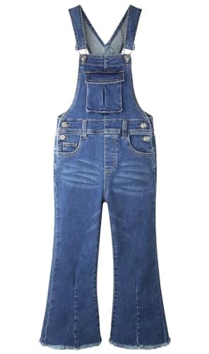 KIDSCOOL Girls Denim Flare Overalls Flap Pocket Bell Bottom Jeans jumpsuit