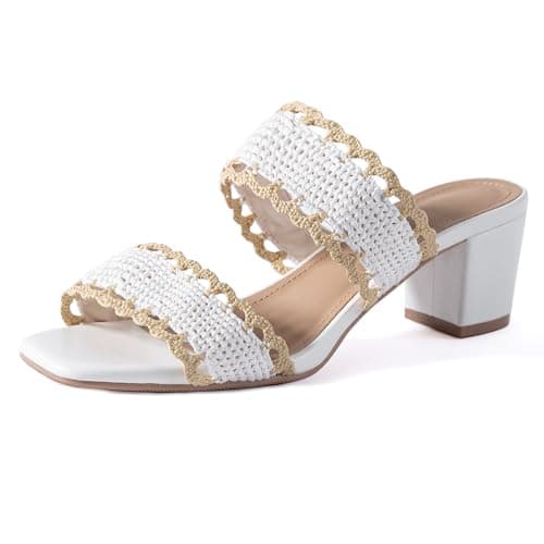 N.N.G Women Heeled Sandals Braided Double Strap Chunky 2 Inch Heel Low Summer Casual Festival Comfort Breathable White Size 6