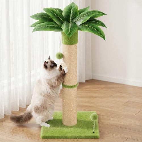 XiaZ Cat Scratching Post 34'' Tall, Cat Tower Scratcher Extra Wide 15.8" Stable Base with 4 Non-Slip Pads, 2 Toy Balls, Natural Sisal & Plush Fabric for Small Medium Large Cats (Green, 4.5in)