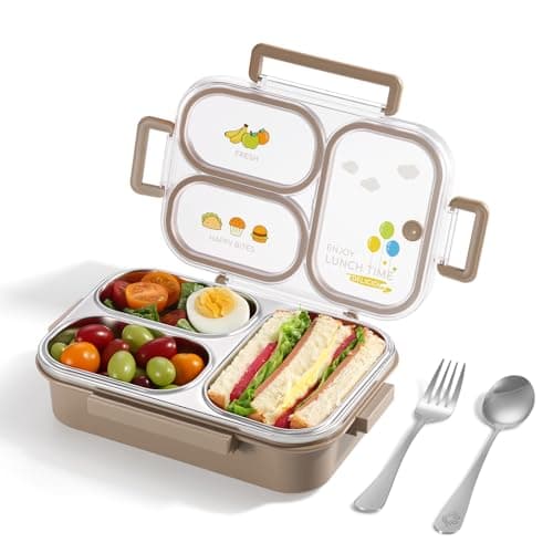 NUKied Stainless Steel Lunch Box for Kids & Adults, 3-Compartment Leak Proof Metal Bento Lunch Box with Fork & Spoon, 26.4 oz Airtight Food Storage Snack Container for School, Work, Travel (Brown)