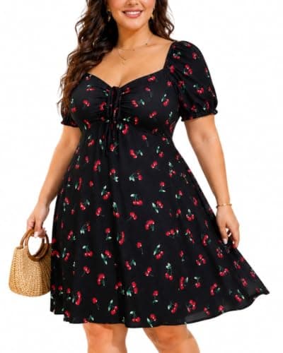 Pinup Fashion Plus Size Summer Casual Black Cherry Puff Sleeve Mini Dress