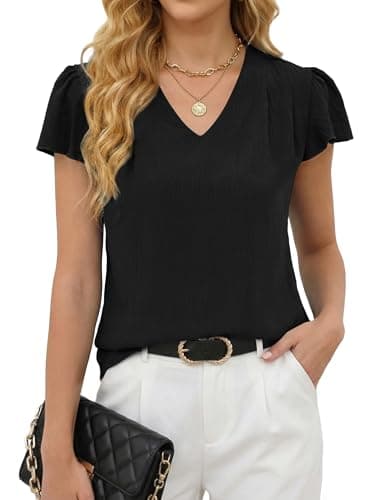 Gleeneat Womens Black Business Casual Work Blouses Summer Dressy Casual Dress Ruffle Short Sleeve Shirts Flowy V Neck Cute Office Tops 2026 Trendy Outfits Blusas Casuales de Mujer Bonitas