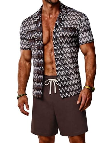 ZSJR Mens 2 Pieces Outfits Summer Beach Set Tracksuit See Through Sheer Hollow Out Short Sleeve Lace Shirts and Shorts Sets