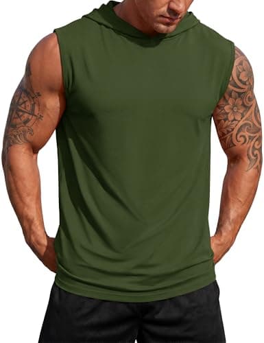 MAGCOMSEN Sleeveless Hoodies for Men UV Protection Workout Gym Athletic Running Muscle Hooded Tank Top Army Green S