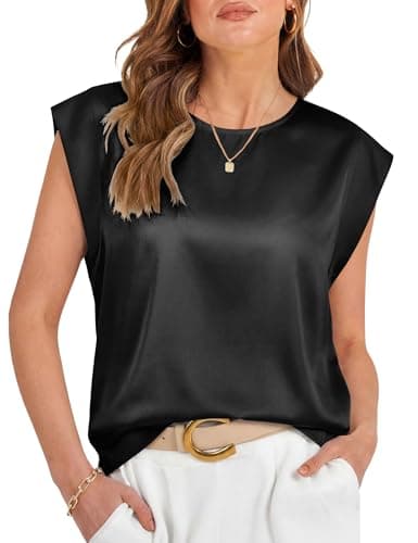 LOMON Womens Silk Satin Tops Summer Cap Sleeve Shirts Dressy Crew Neck Tank Tops Loose Business Casual Blouses XXL Black