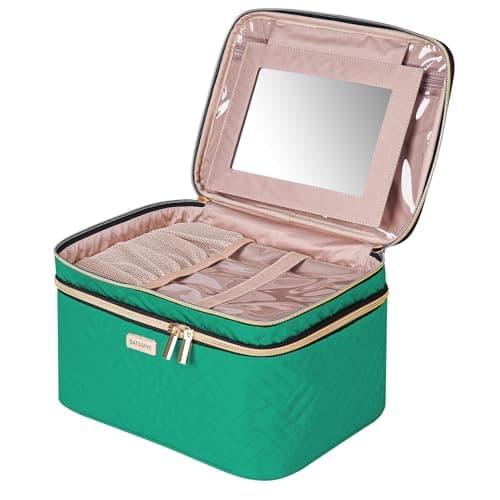 BAFAMYE 8.8L Double Layer Travel Makeup Bag With Mirror For Women, Large Cosmetic Case, Organizer for Travel-Size Accessories Bottles, Brushes,and Skin Care Products, 2.33 GAL, Green…