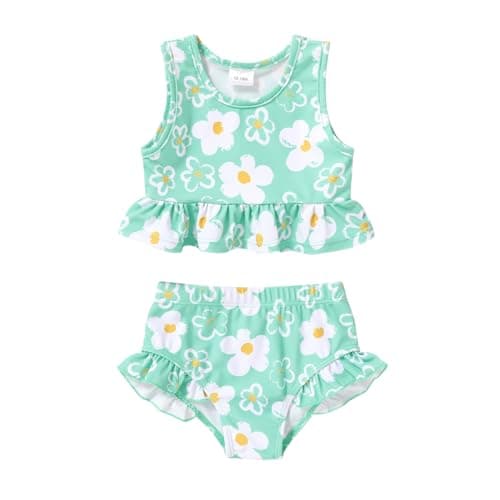 YOUNGER TREE Toddler Baby Girls Summer Swimsuit Sleeveless Polka Dot Swimwear Two-Piece Suit Beach Bikini Outfits Bathing Suit (Green Floral Swimsuit, 3-4T)