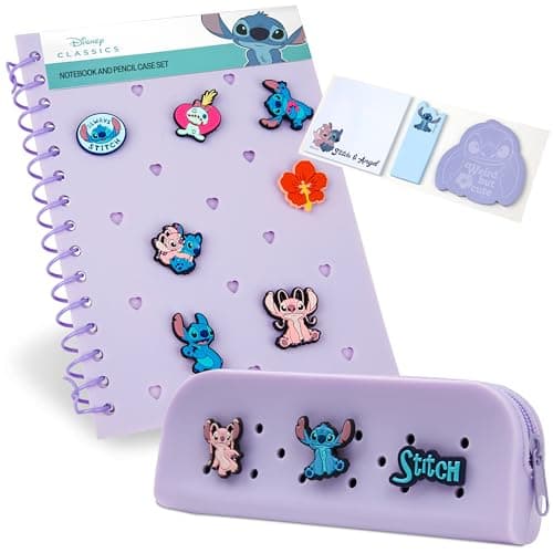 Disney Stitch A5 Customizable Notebook and Zipped Pencil Case, Stationery Set with Character Pins, Sticky Notes - Gifts for Girls