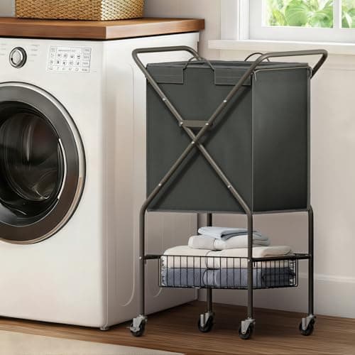 MIBOIM Laundry Basket with Wheels:88L Rolling Laundry Cart Foldable Metal Frame Dirty Clothes Laundry Hamper 36"H 4 Caster 2 Brake Waterproof Removable Liner Carry Handle for Dorm Laundry Room,Gray